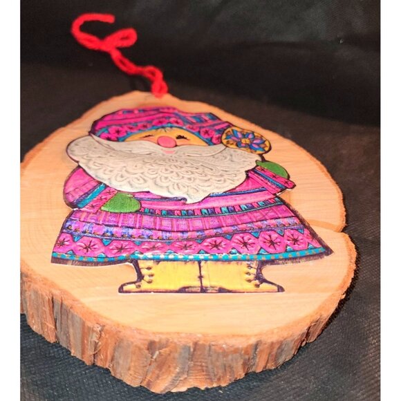 Decorative Santa Claus Wood Slice Ornament With Hand-Painted Design  Red Yarn Ha - Picture 2 of 10